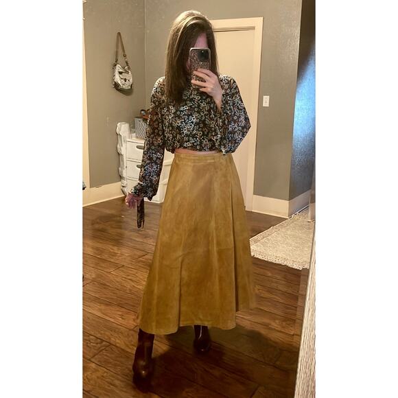 1980s Hunt Club Cognac Long Suede Leather / Suede Boho Skirt - Picture 1 of 9